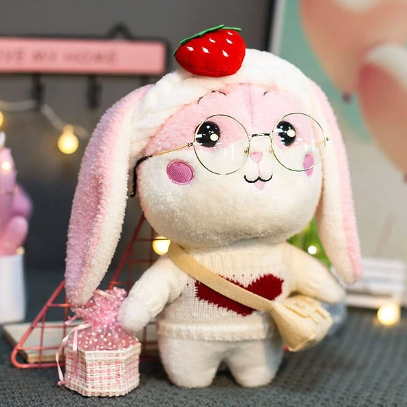 Pembe Tavşan Peluş Oyuncak - Pembe/Sarı Şeftalili Elbiseli 38cm - 10