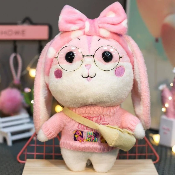 Pembe Tavşan Peluş Oyuncak - Pembe/Sarı Şeftalili Elbiseli 38cm - 3