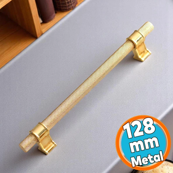 Mobilya Çekmece Mutfak Dolabı Dolap Kulpları Kulbu Altın Gold Metal Kulp 128 mm Tırtıklı Desen ürün görseli