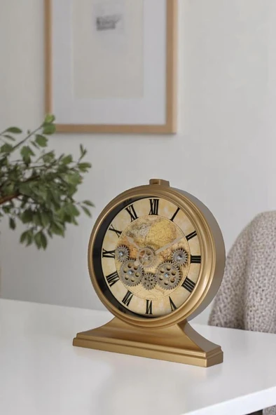 Efe Mark Premium Serisi Modern Kadranlı Döner Çarklı 32x28 CM Ev ve Ofis Masa ve Duvar Saati Roma Rakamlı Harita Baskılı Gold - Resim 3