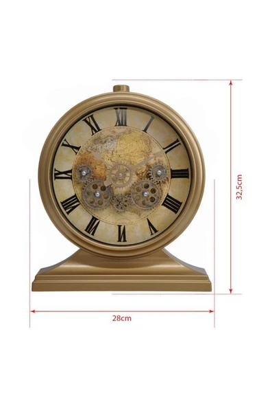 Efe Mark Premium Serisi Modern Kadranlı Döner Çarklı 32x28 CM Ev ve Ofis Masa ve Duvar Saati Roma Rakamlı Harita Baskılı Gold - 4