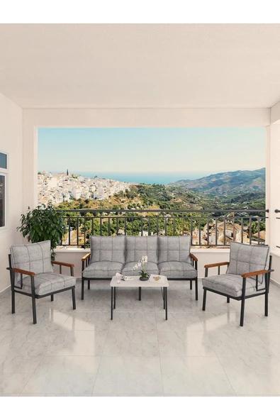 Modern Serisi Bahçe Takımı, Bahçe Mobilyası, Metal Koltuk Takımı - 3+1+1 Sehpalı - Beyaz Açık Gri - 2