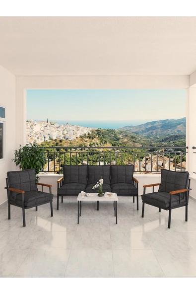Modern Serisi Bahçe Takımı, Bahçe Mobilyası, Metal Koltuk Takımı - 3+1+1 Sehpalı - Beyaz Antrasit - 2