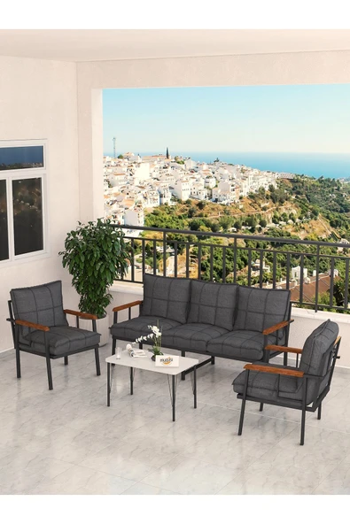 Modern Serisi Bahçe Takımı, Bahçe Mobilyası, Metal Koltuk Takımı - 3+1+1 Sehpalı - Beyaz Koyu Gri