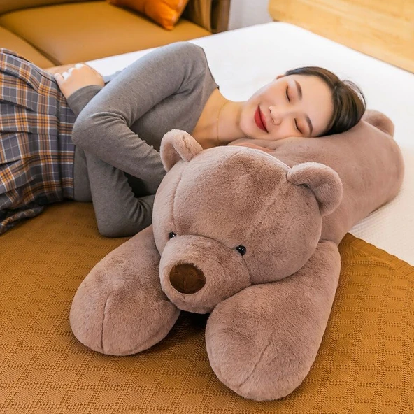 Tavşan Tüylü Yatan Ayı Peluş Yastık - Kahverengi 100cm