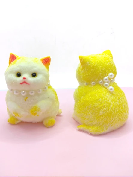 Kedi Süslü Squishy Kedi Taba Sukuşi Tüylü Yumuşacık 8 cm - Sarı - 5