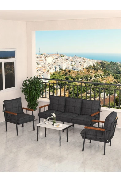 Modern Serisi Bahçe Takımı, Bahçe Mobilyası, Metal Koltuk Takımı - 3+1+1 Sehpalı - Beyaz Antrasit