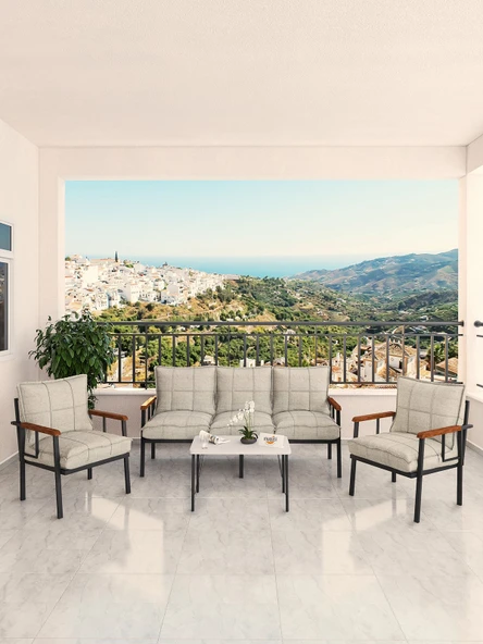 Modern Serisi Bahçe Takımı, Bahçe Mobilyası, Metal Koltuk Takımı - 3+1+1 Sehpalı - Beyaz Krem - 3