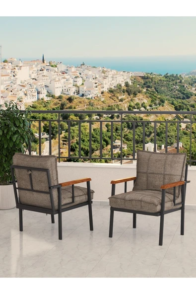 Modern Serisi Bahçe Takımı, Bahçe Mobilyası, Metal Koltuk Takımı - 3+1+1 Sehpalı - Beyaz Cappucino - 4