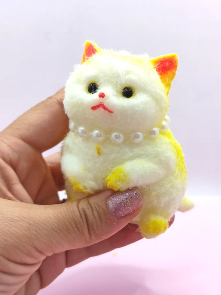 Kedi Süslü Squishy Kedi Taba Sukuşi Tüylü Yumuşacık 8 cm - Sarı - 3