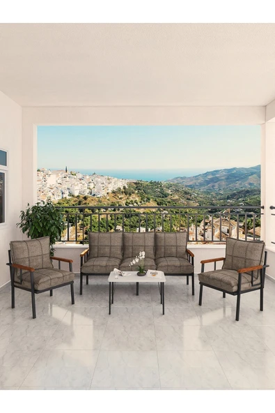 Modern Serisi Bahçe Takımı, Bahçe Mobilyası, Metal Koltuk Takımı - 3+1+1 Sehpalı - Beyaz Cappucino - 2