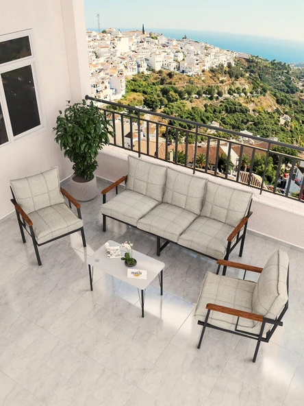 Modern Serisi Bahçe Takımı, Bahçe Mobilyası, Metal Koltuk Takımı - 3+1+1 Sehpalı - Beyaz Krem - 2