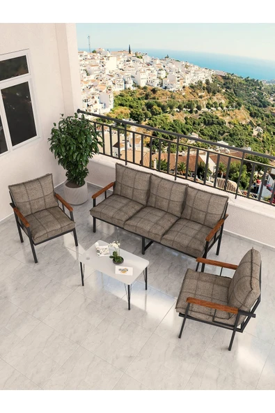 Modern Serisi Bahçe Takımı, Bahçe Mobilyası, Metal Koltuk Takımı - 3+1+1 Sehpalı - Beyaz Cappucino