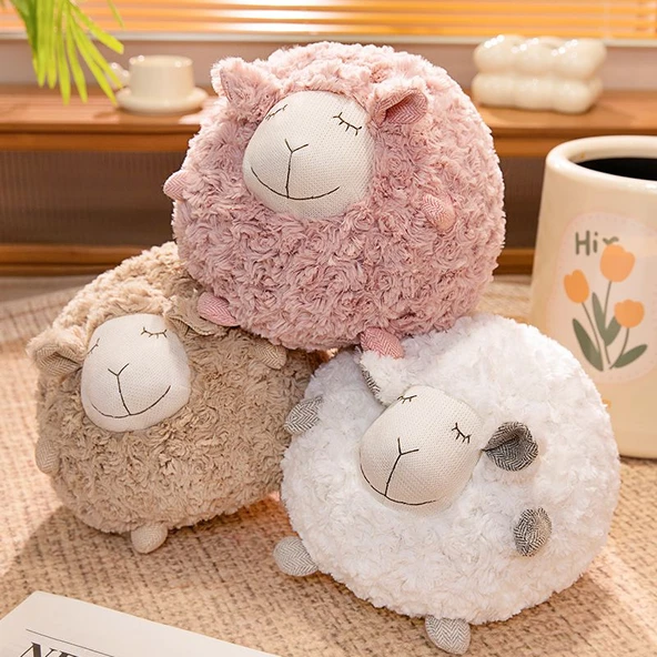 Yuvarlak Koyun Peluş Oyuncak - Gül Kırmızısı Şaşı Gözlü - 33cm - 7