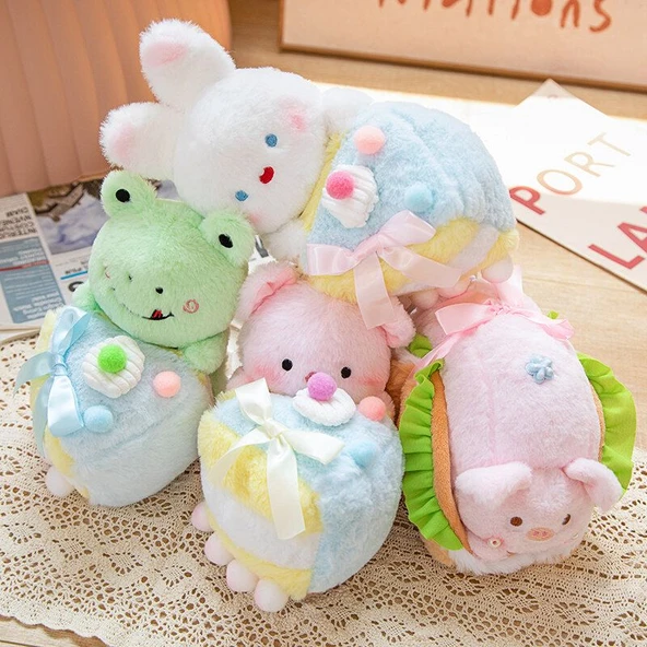 Çizgi Film Hayvan Pasta Peluş Oyuncak - Pembe Domuz Pasta - 20cm - 12