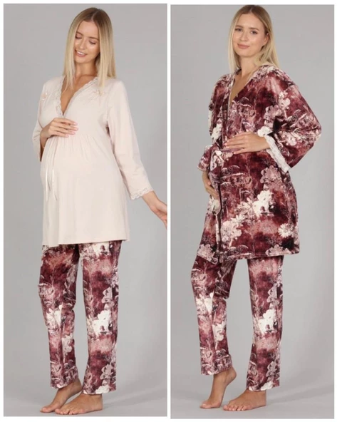 Bone Club 5301 Bej Kadife Lohusa 3 Lü Pijama Sabahlık Tk. - Resim 3