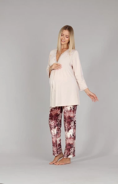 Bone Club 5301 Bej Kadife Lohusa 3 Lü Pijama Sabahlık Tk. - Resim 2