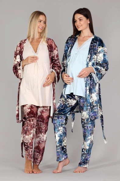 Bone Club 5301 Bej Kadife Lohusa 3 Lü Pijama Sabahlık Tk. - Resim 5