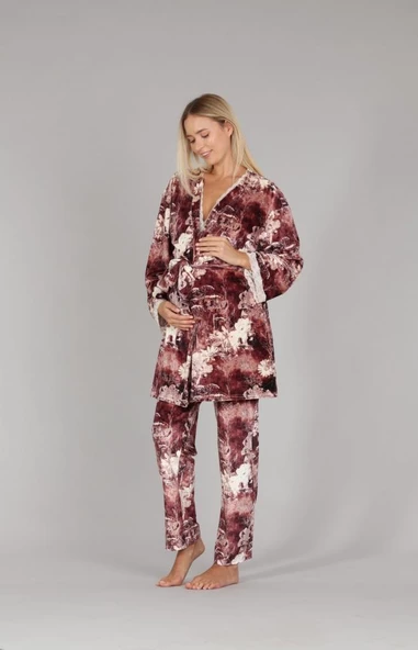 Bone Club 5301 Bej Kadife Lohusa 3 Lü Pijama Sabahlık Tk. - Resim 4