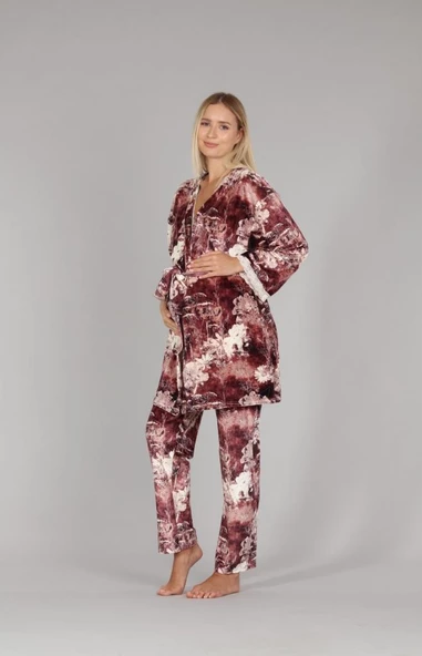 Bone Club 5301 Bej Kadife Lohusa 3 Lü Pijama Sabahlık Tk. - Resim 7