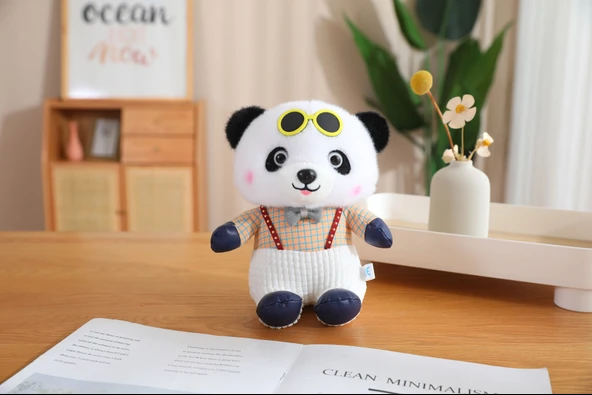 Salopetli Panda Peluş Oyuncak - Sarı Ekose - 25cm