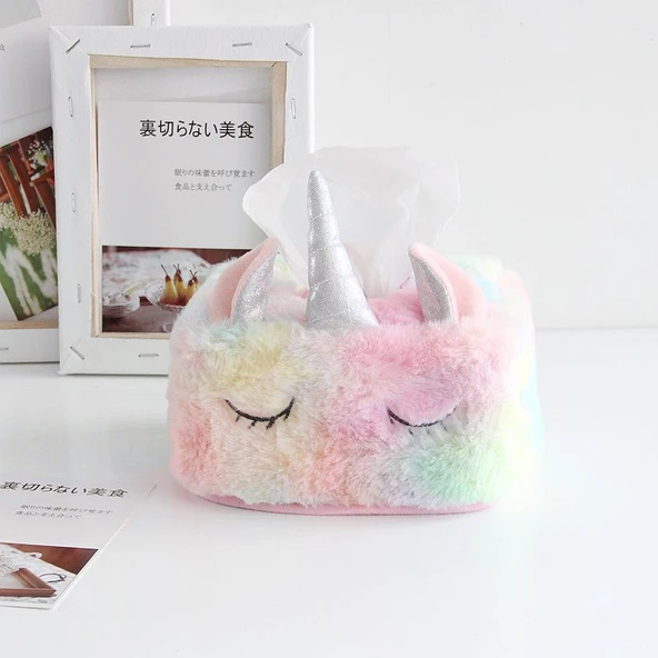 Peluş Unicorn Peçete Kutusu Kılıfı - Kare - 12