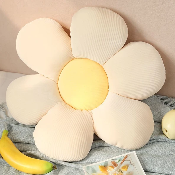 Çiçek Peluş Yastık - Bej Yaprak Sarı Merkez 55x55cm
