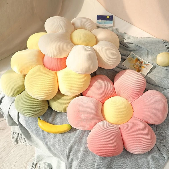 Çiçek Peluş Yastık - Bej Yaprak Yeşil Merkez 75x75cm - 6