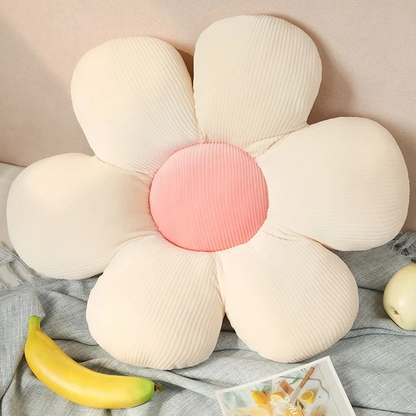 Çiçek Peluş Yastık - Bej Yaprak Pembe Merkez 55x55cm