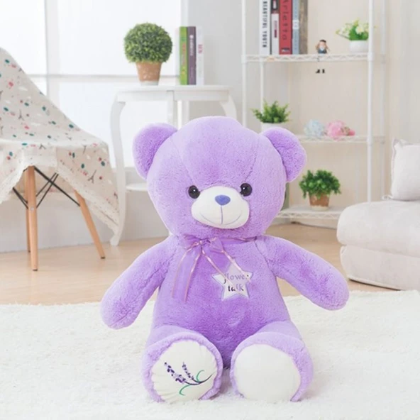Nakışlı Ayıcık Peluş Oyuncak - Mor - 45cm