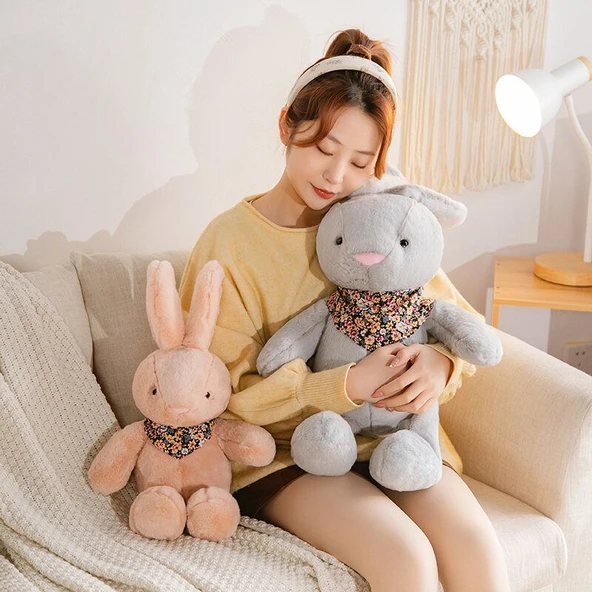 Çiçek Desenli Peluş Oyuncak Tavşan - Gri - 35cm - 8