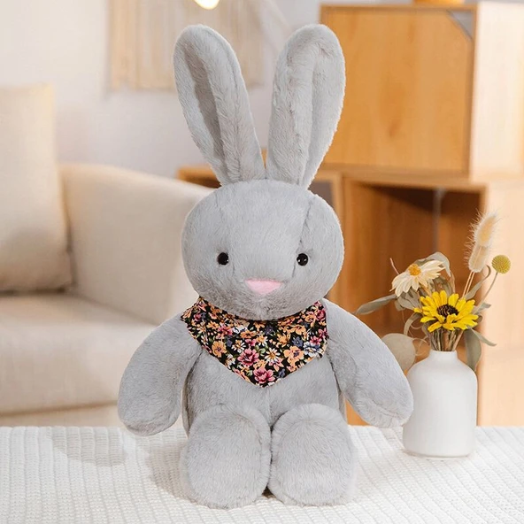 Çiçek Desenli Peluş Oyuncak Tavşan - Gri - 25cm