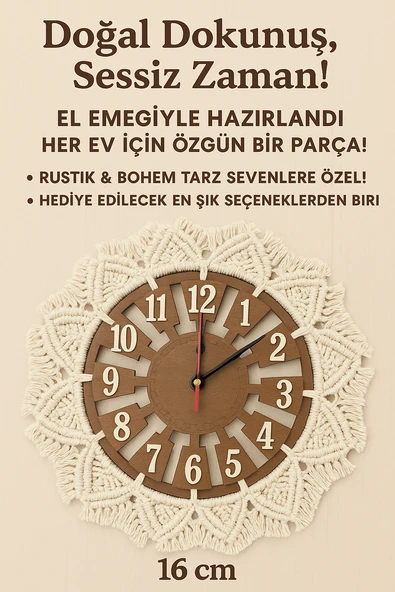 El Yapımı Makrome Kenarlı Ahşap Duvar Saati