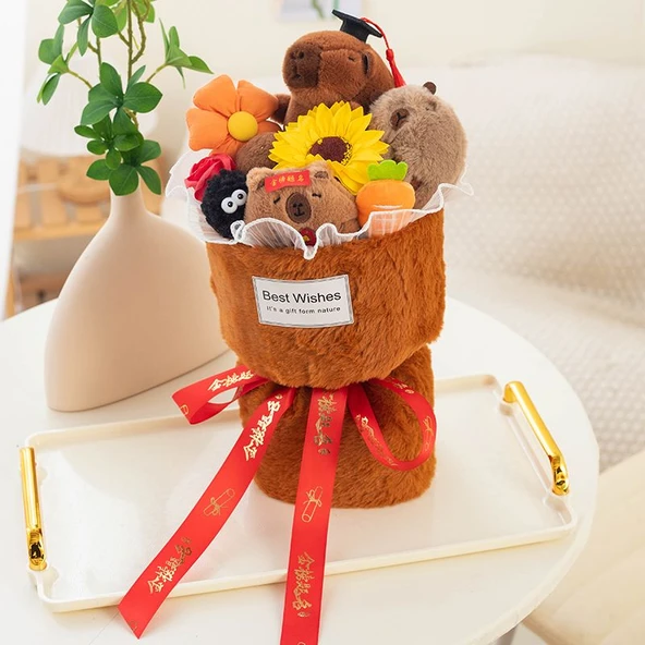 Çizgi Film Peluş Mezuniyet Buketi - Capybara Küçük Kokulu Stil Mezuniyet 35cm