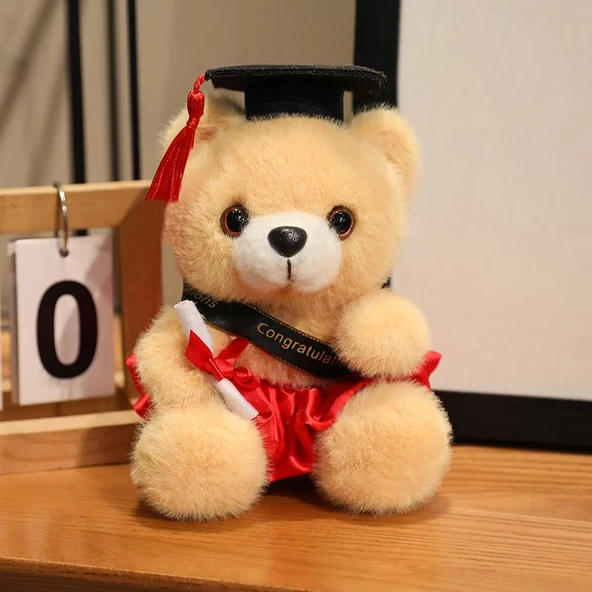 Oyuncak Peluş Ayıcık - Açık Kahverengi Ayı Kırmızı Elbise 18cm
