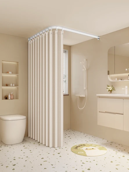 Arc Duş Perdesi Seti - Krem, Standart Kancalı - [180-220 cm Genişlik] 220x200 cm - 2