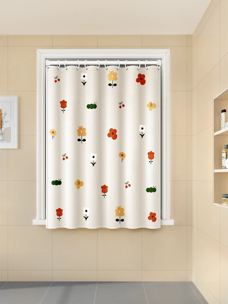 Tuvalet Gölgeleme Perdesi - Renkli Küçük Çiçekli - Perde + Çubuk - 80x180cm