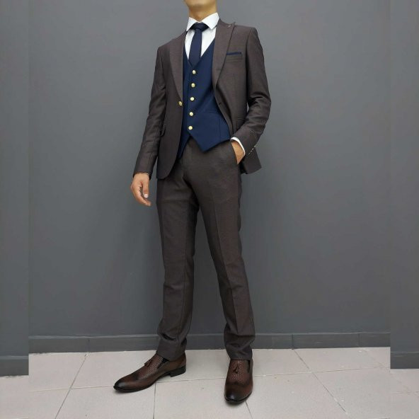 Y051-2508 Kahverengi Lacivert Noktalı Slim Fit Yelekli Kombin Takım Elbise