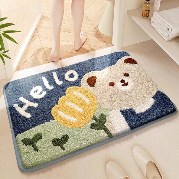 Çizgi Film Banyo Paspası 40x60cm - Ayı ve Çiçek-1