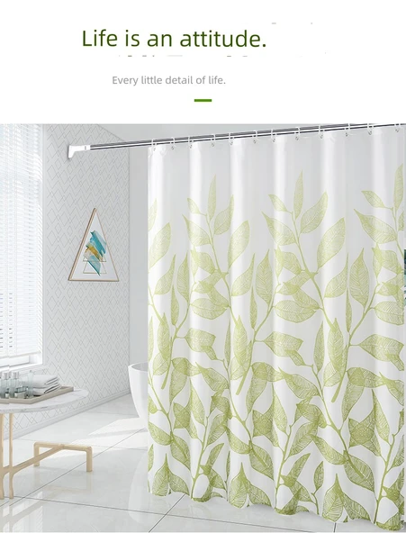 Yeşil Dal Desenli Duş Perdesi Seti - 240x200 cm Perde ve 140-260 cm Düz Çubuk - 8