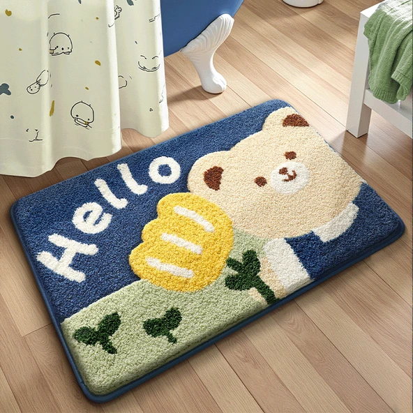 Hızlı Kuruyan Kaymaz Banyo Paspası - 40x60 cm - Ayı ve Çiçek