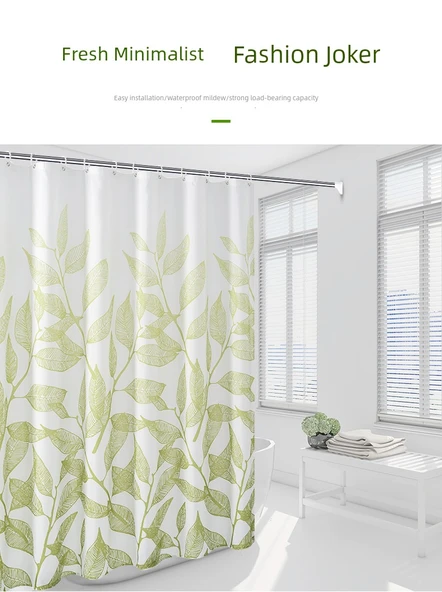 Yeşil Dal Desenli Duş Perdesi Seti - 200x180 cm Perde ve 140-260 cm Düz Çubuk - 7