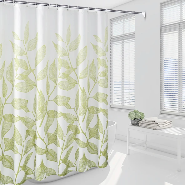 Yeşil Dal Desenli Duş Perdesi Seti - 240x200 cm Perde ve 140-260 cm Düz Çubuk - 3