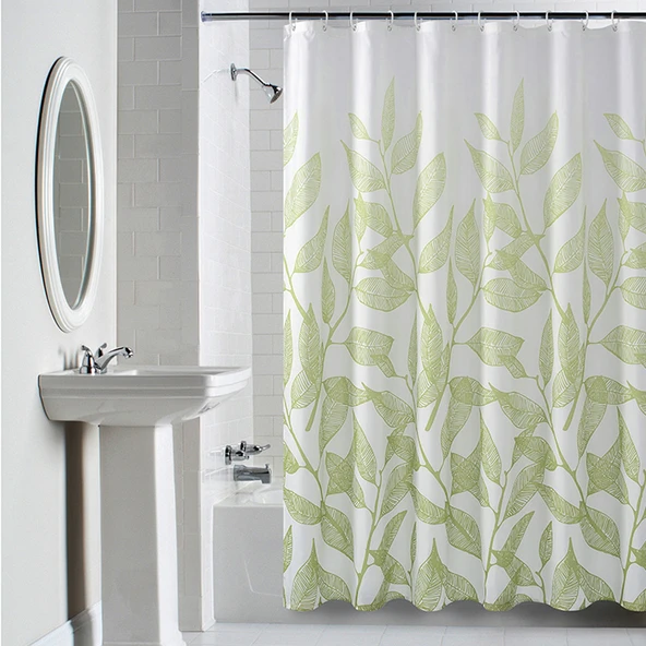 Yeşil Dal Desenli Duş Perdesi Seti - 200x180 cm Perde ve 140-260 cm Düz Çubuk - 2