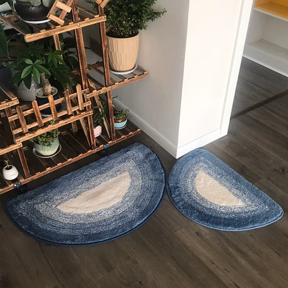 Geometrik Desenli Emici Giriş Kapısı Paspası - 50x80 cm Mavi Gradyan Yarım Daire