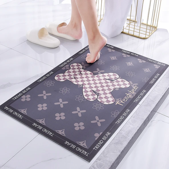 Yumuşak Silikon Diatomit Banyo Paspası - 40x120 cm - Trendy Kareli Ayı