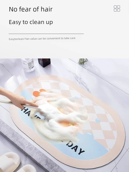 Diyatomit Banyo Paspası - 60x90 cm - Oval - Siyah Beyaz Kafes Desenli - 3