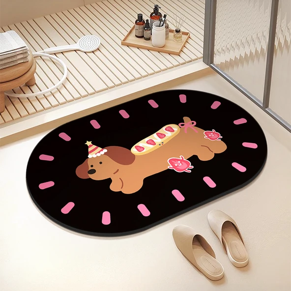 Çizgi Film Köpek Desenli Emici Banyo Paspası 45x75cm - Krem Köpek