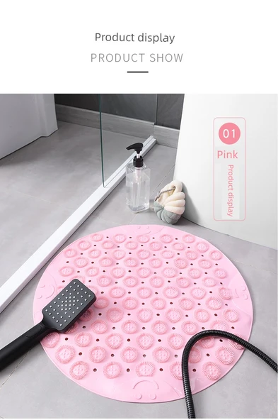 Yuvarlak Kaymaz PVC Banyo Paspası - 53x53cm - Pembe - 8