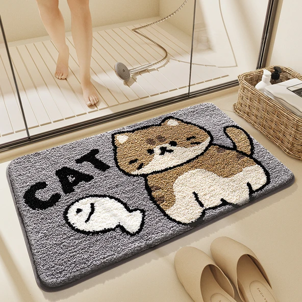 Hızlı Kuruyan Kaymaz Banyo Paspası - 40x60 cm - Tuzlu Balık ve Kediler